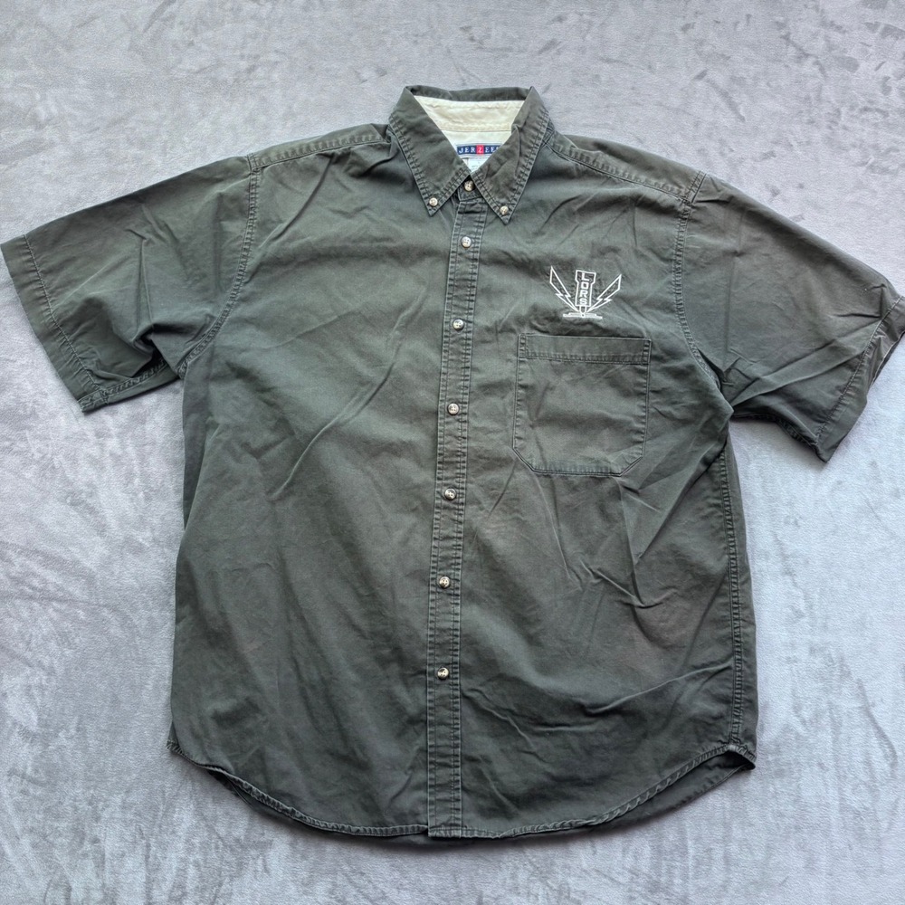 Jerzees Mens L Olive Green Cotton Short Sleeve Button Down LORS Graphic Shirt